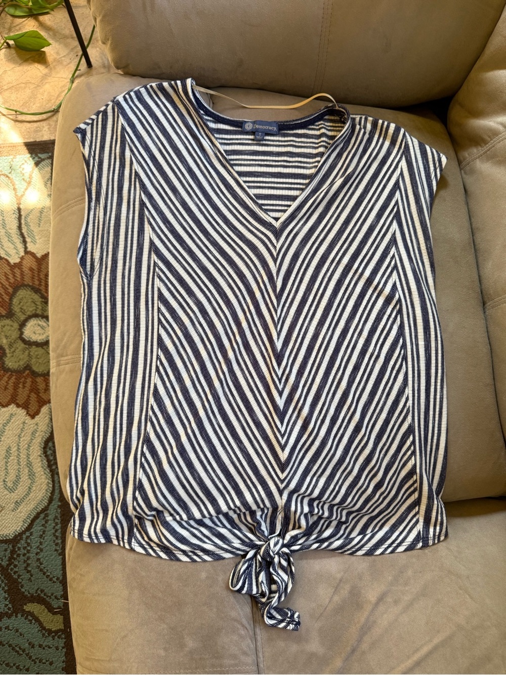 Democracy Navy & White Striped V-Neck Tie-Front Blouse